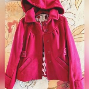 Anthropologie TULLE Red Wool Detatch Hood Buttons Swing Polkadot Lined Jacket S